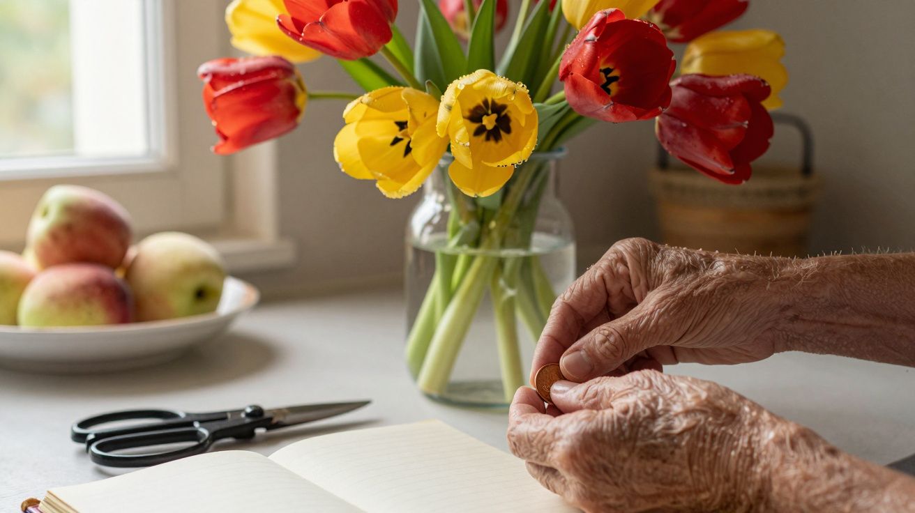 Mãos idosas seguram moedas ao lado de um caderno aberto, com tulipas em jarra e maçãs numa tigela ao fundo.