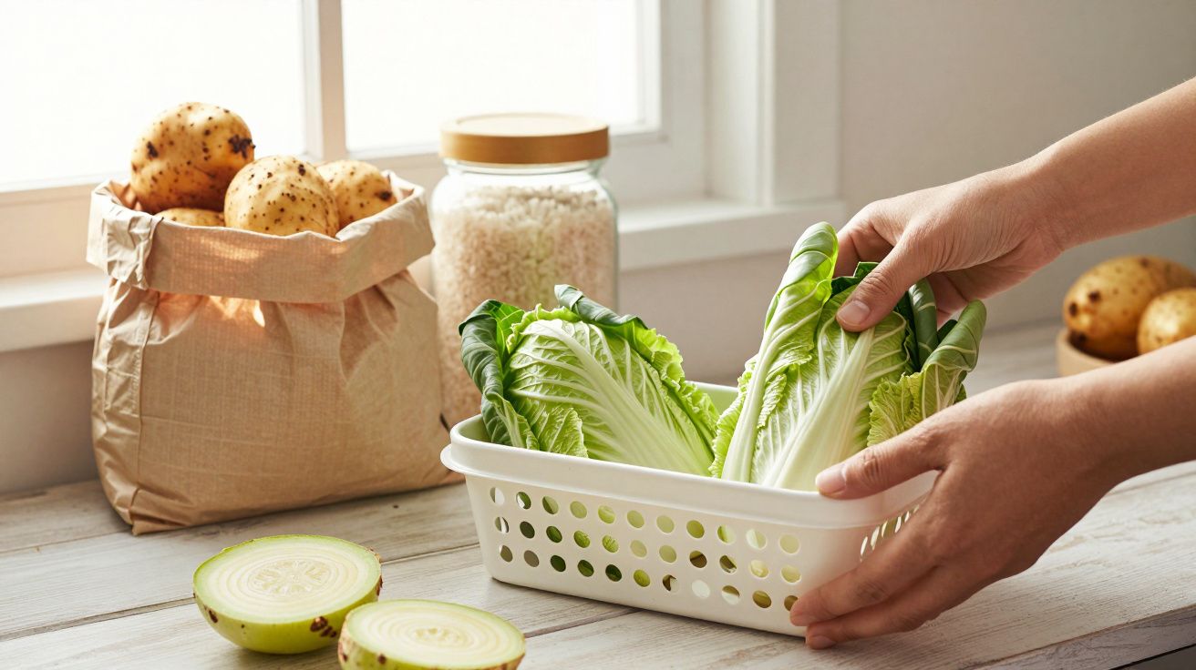 Pessoa coloca alface em cesto branco na cozinha. Batatas, cebola cortada e frasco de arroz ao lado de janela iluminada.