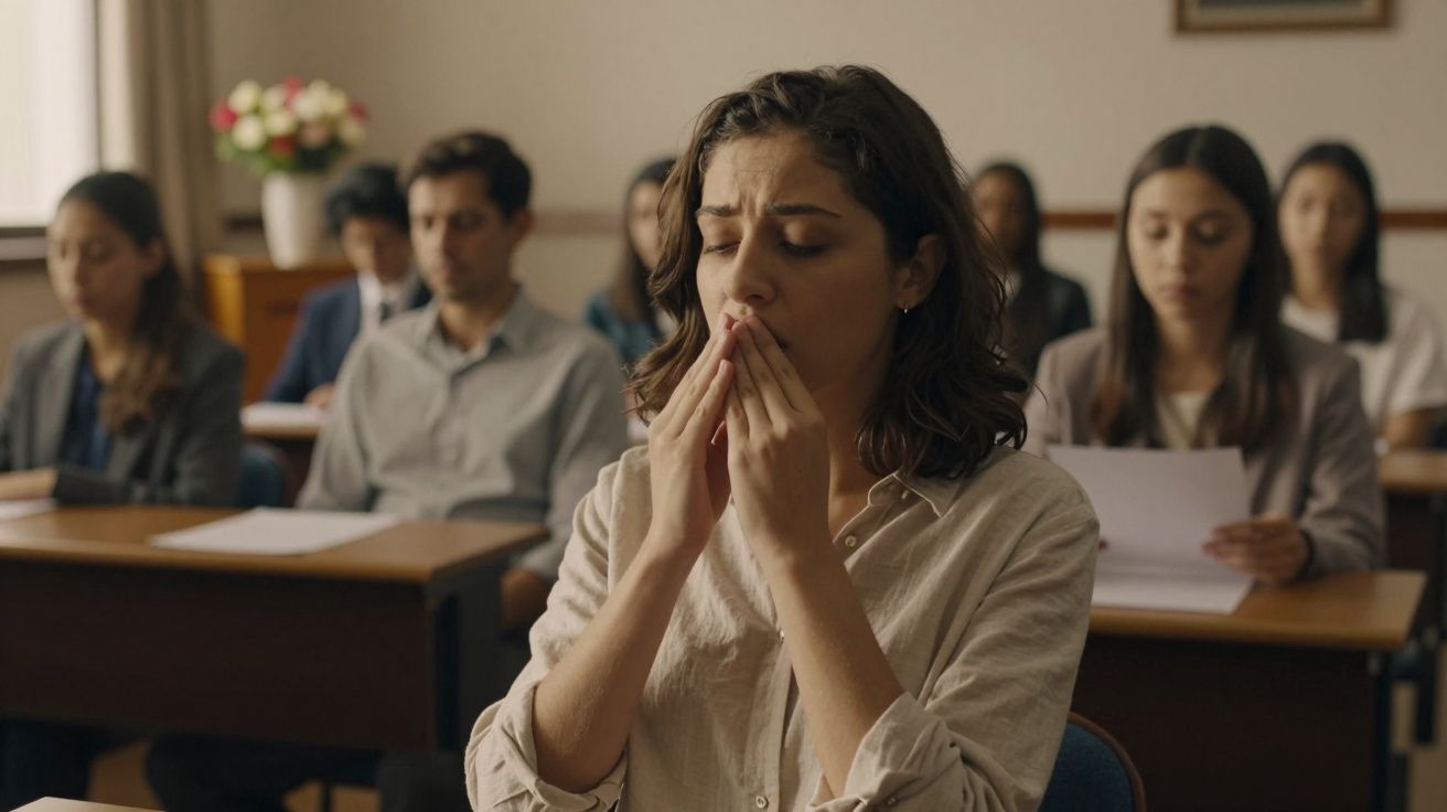 Mulher nervosa em sala de aula, mãos cobrindo a boca, rodeada por pessoas sentadas em carteira com papéis.