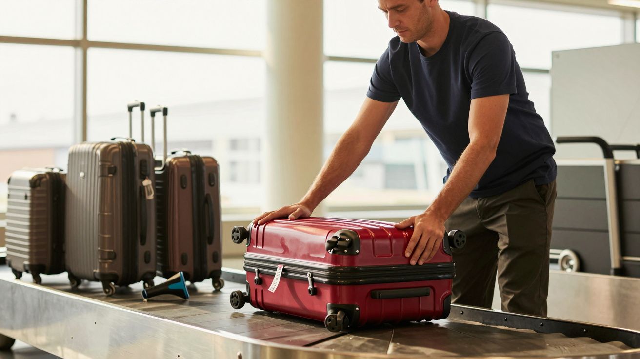 Homem coloca uma mala vermelha num tapete de bagagens no aeroporto, com malas ao fundo.