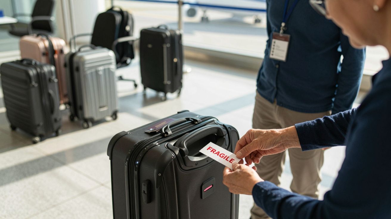 Pessoa a colocar etiqueta "FRAGILE" numa mala de viagem preta, com outras malas ao fundo no aeroporto.