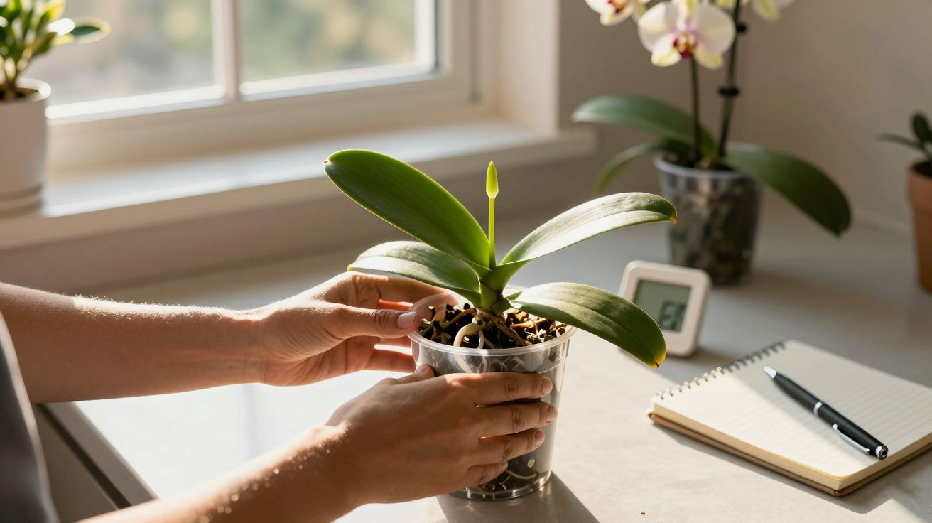 Mãos cuidam de uma planta em vaso transparente, num ambiente iluminado com orquídeas, caderno e caneta ao lado.