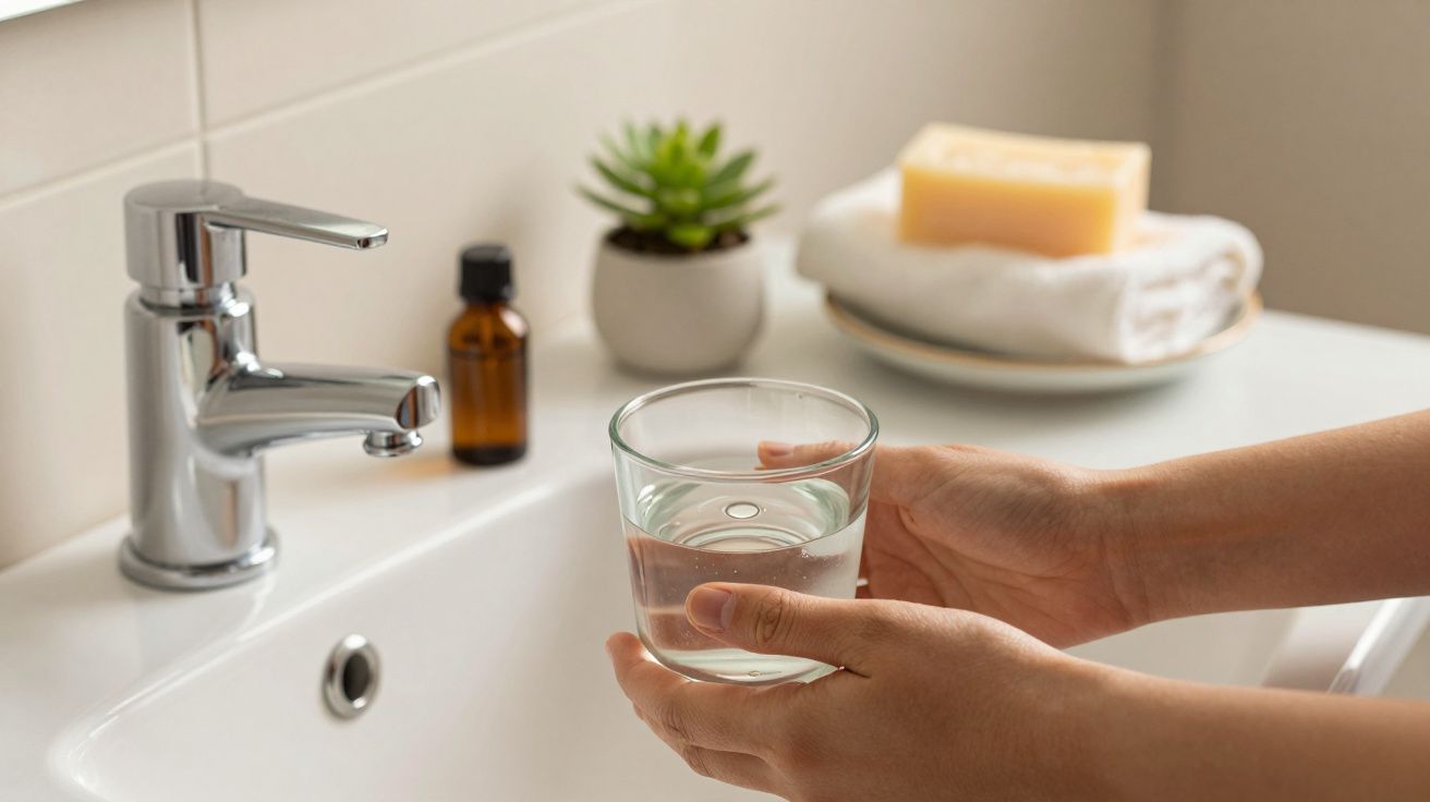 Mãos segurando copo de água sobre lavatório, com sabonete e planta ao fundo.