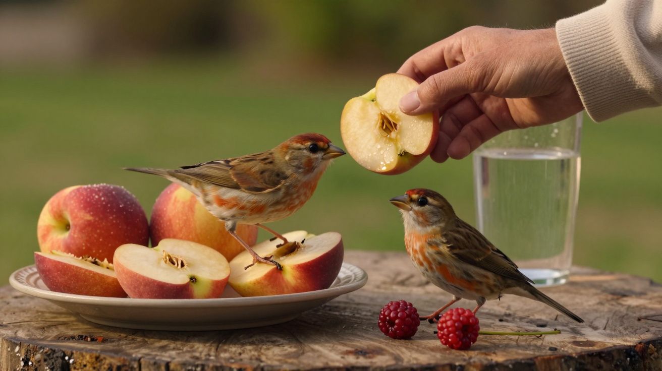 Duas aves pousadas numa mesa, rodeadas de maçãs e framboesas. Uma mão oferece-lhes um pedaço de maçã.