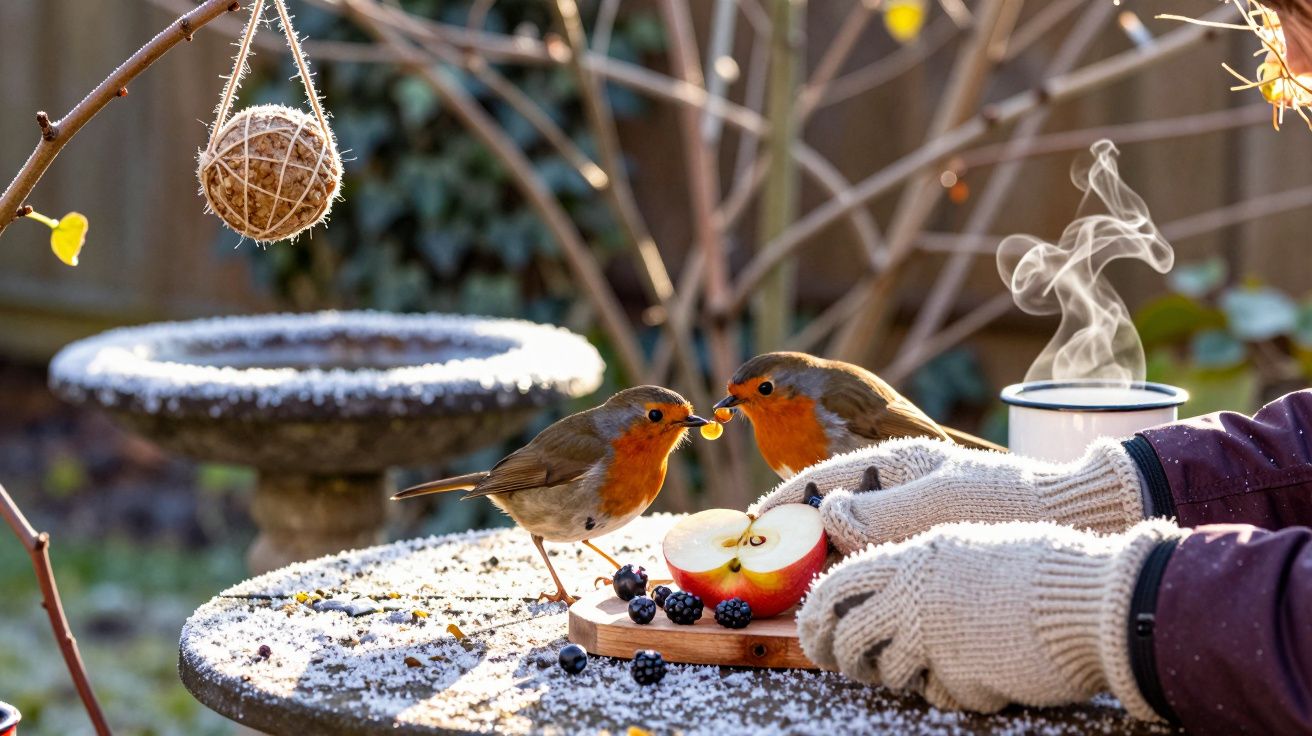 Duas aves em mesa com neve partilham maçã, amoras; mãos com luvas seguram fruta. Chávena de bebida quente ao lado.