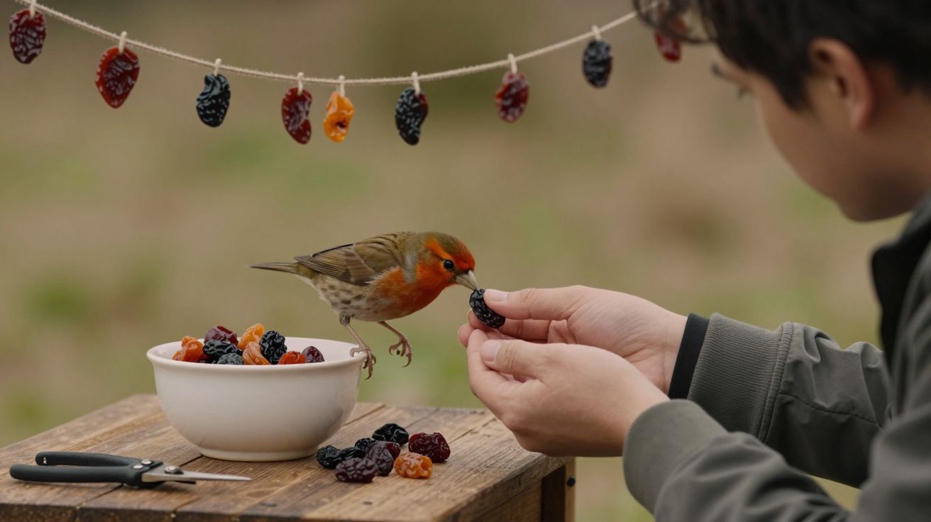 Pessoa alimenta um pássaro com fruta seca; prato com frutas ao lado e fio decorado pendurado acima.
