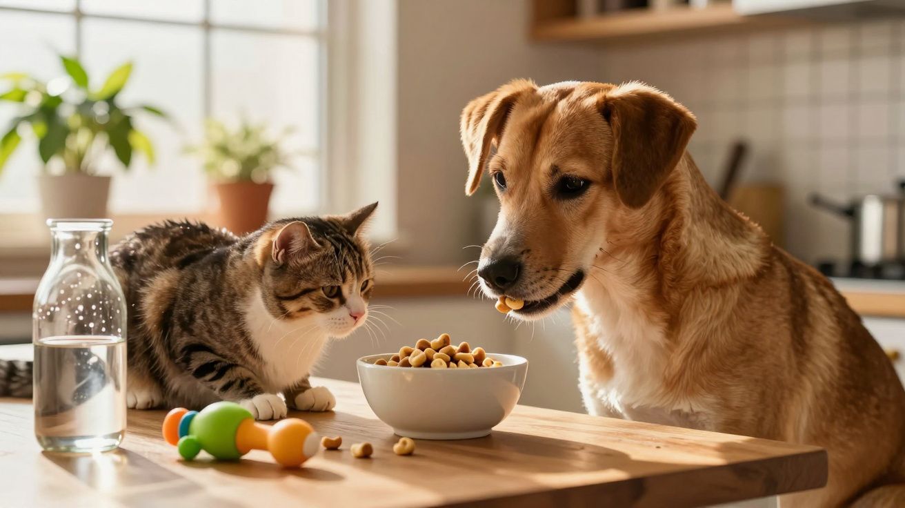 Cão e gato em cima da mesa de madeira, com uma tigela de ração e brinquedos coloridos ao lado.