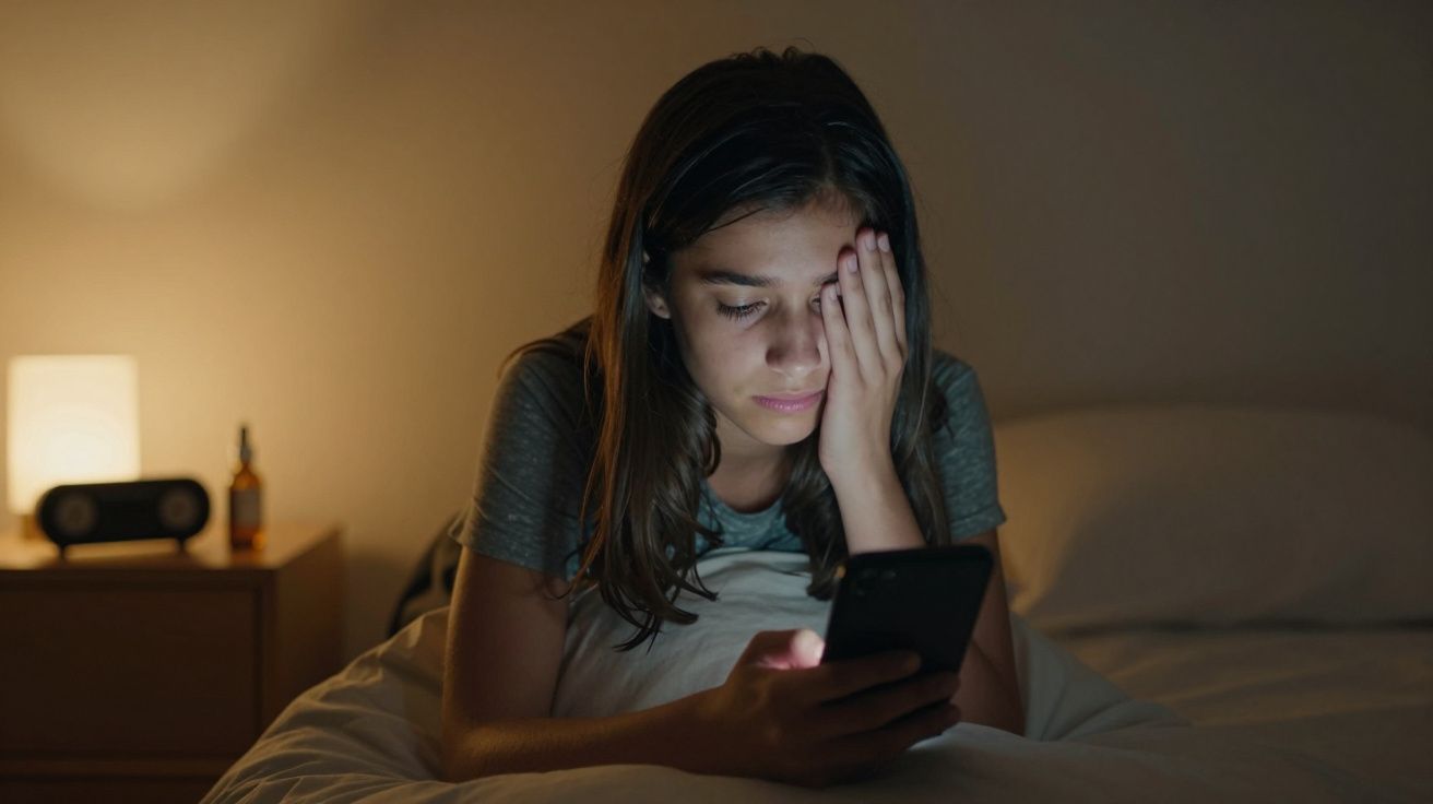 Adolescente na cama, com cara cansada, olhando para o telemóvel à noite, à luz de um candeeiro ao fundo.