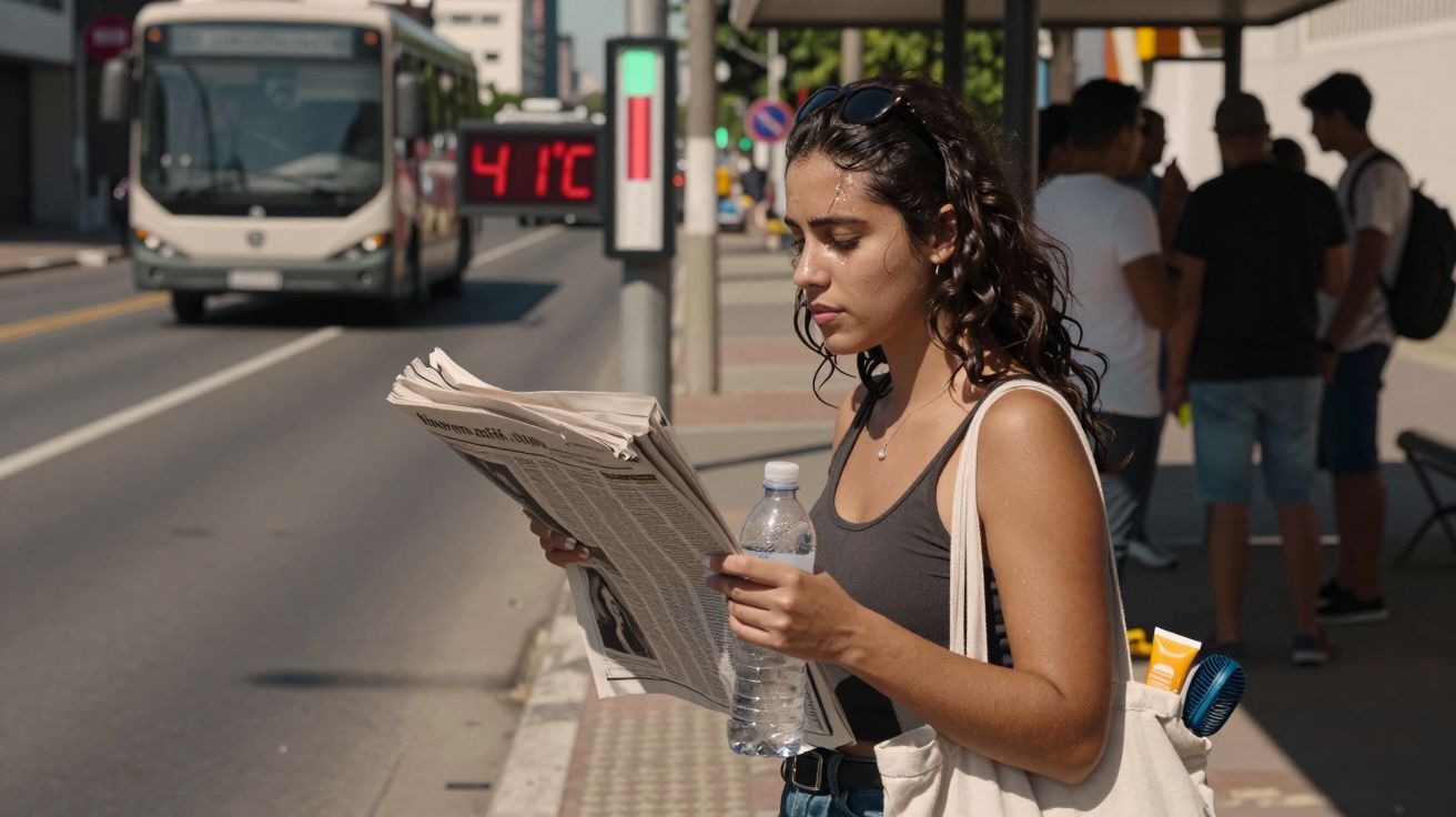 Mulher lê jornal numa paragem de autocarro em dia quente, com termómetro a marcar 41°C. Ela segura uma garrafa de água.