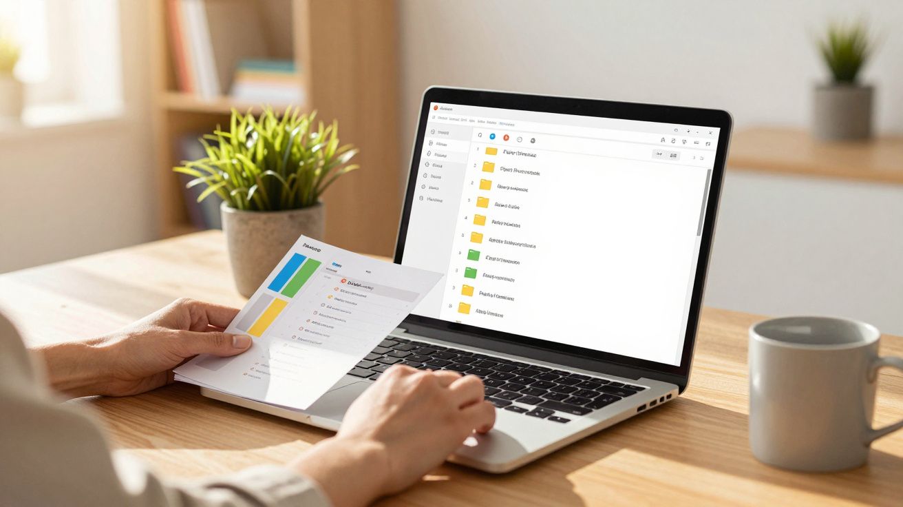 Pessoa usa portátil com ecrã aberto em ficheiros, segurando papel colorido. Planta e caneca ao fundo.