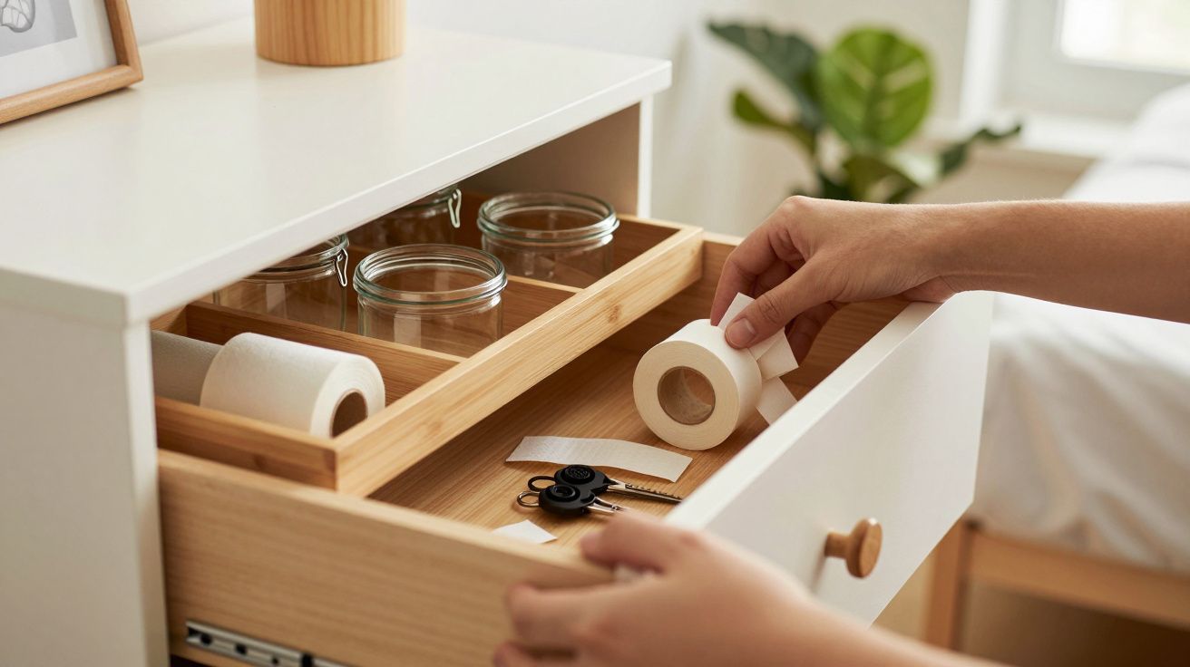 Mãos organizando uma gaveta com fita adesiva, frascos de vidro e chaves, numa mesa ao lado de uma planta verde.