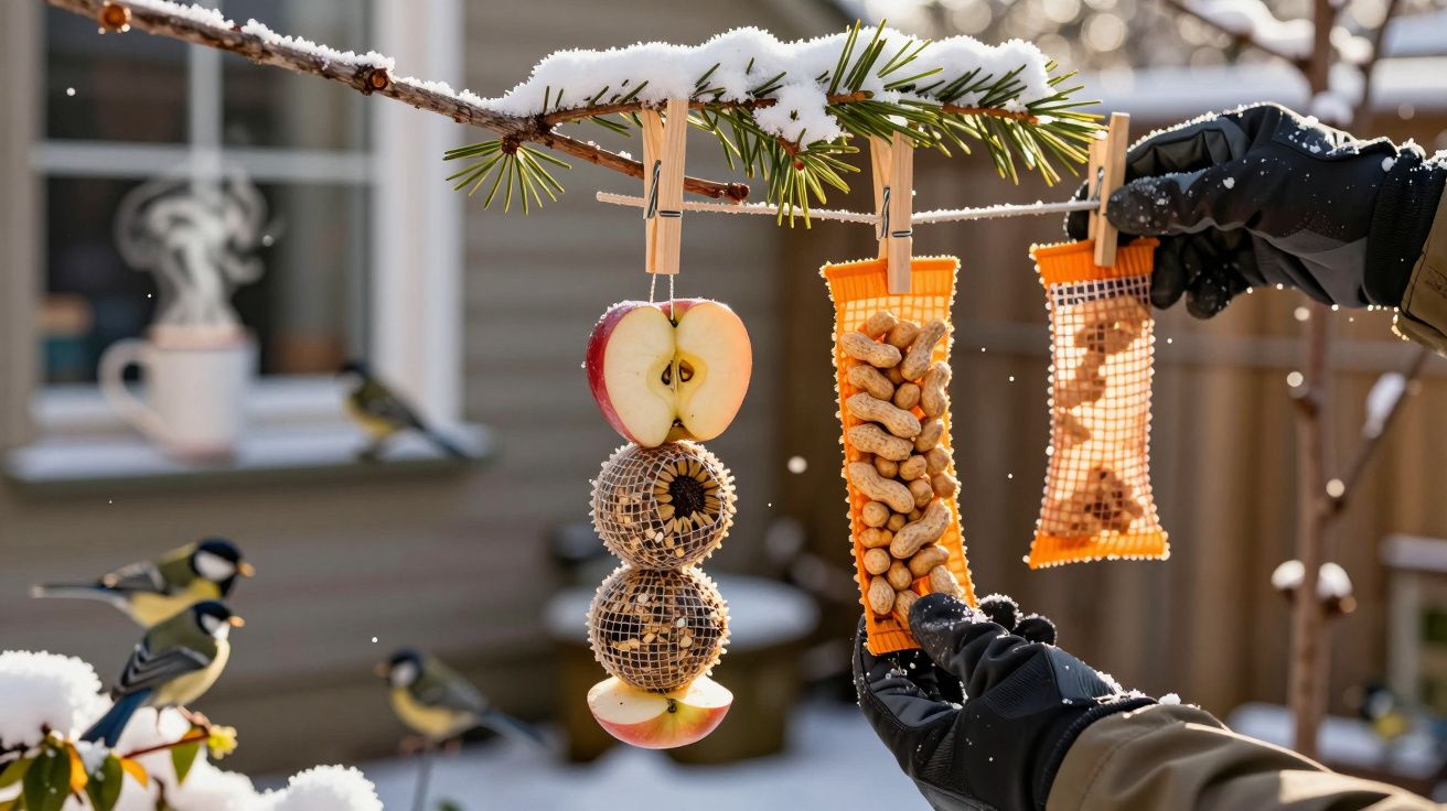 Maçãs, bolas de sementes e amendoins pendurados numa árvore coberta de neve com pássaros pousados num jardim.