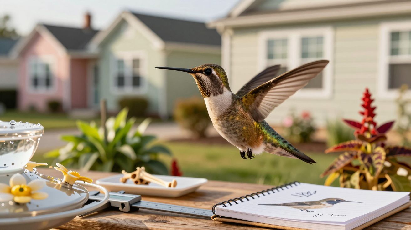 Beija-flor pairando sobre uma mesa com um caderno, alimentador e casas coloridas ao fundo.