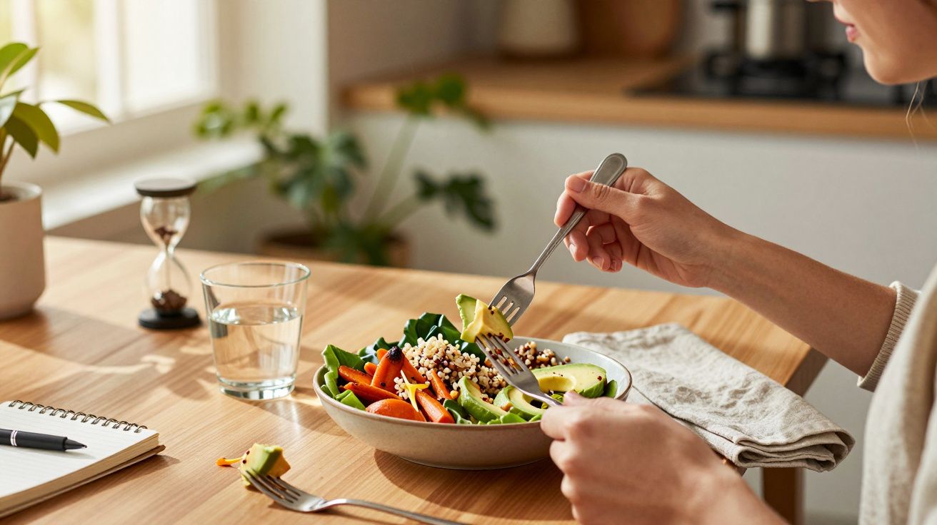 Pessoa a comer uma salada colorida numa mesa de madeira, com bloco de notas, garrafa de água e ampulheta ao lado.
