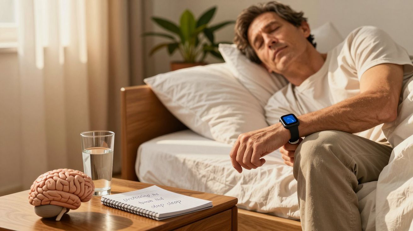 Homem a dormir numa cama com smartwatch, junto a uma mesa de cabeceira com copo de água, bloco de notas e modelo cerebral.