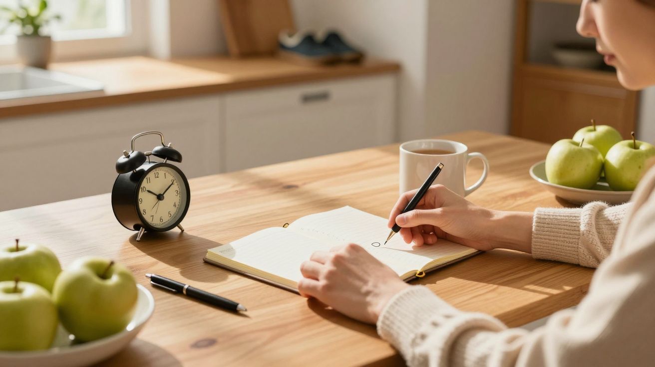 Pessoa escreve num caderno numa mesa de madeira com relógio, caneca e tigelas com maçãs verdes.