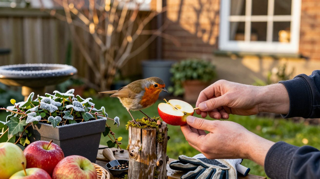 Pisco-de-peito-ruivo pousado num tronco no jardim, próximo de uma maçã vermelha cortada, segurada por duas mãos.