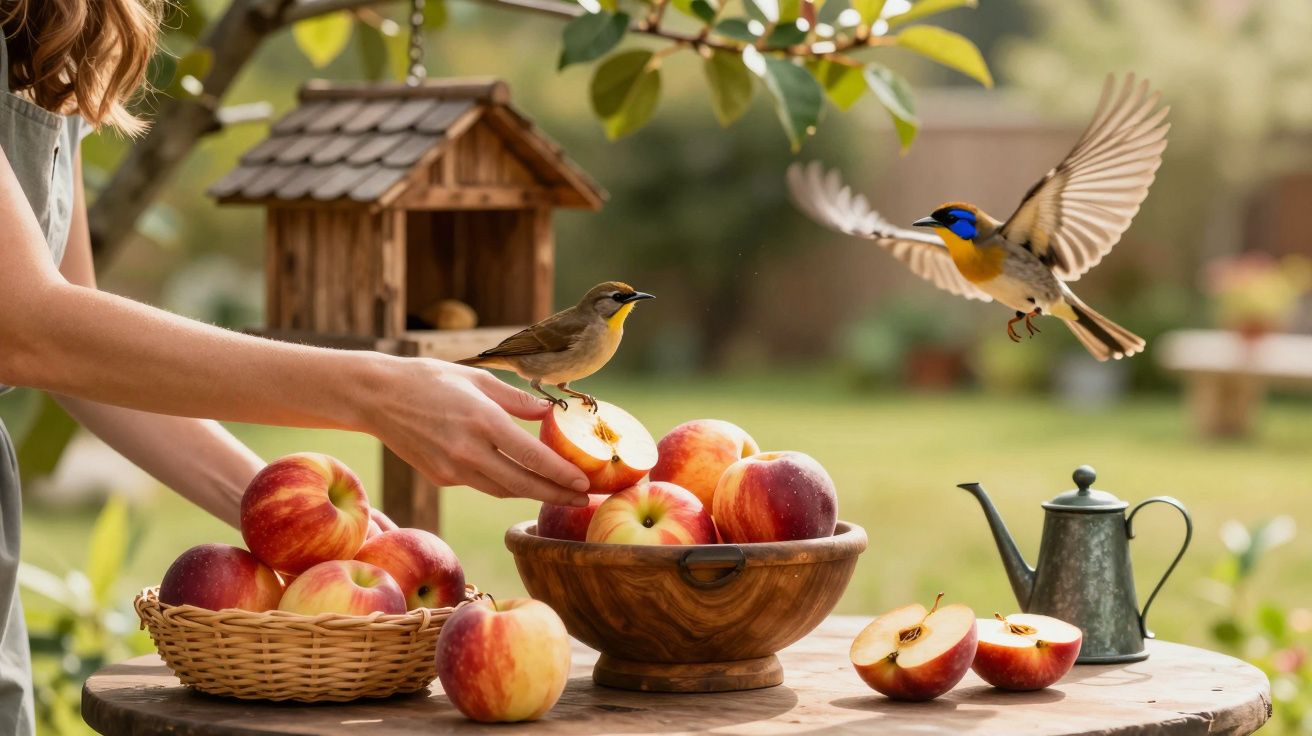Pessoa a alimentar dois pássaros num jardim com maçãs numa mesa.