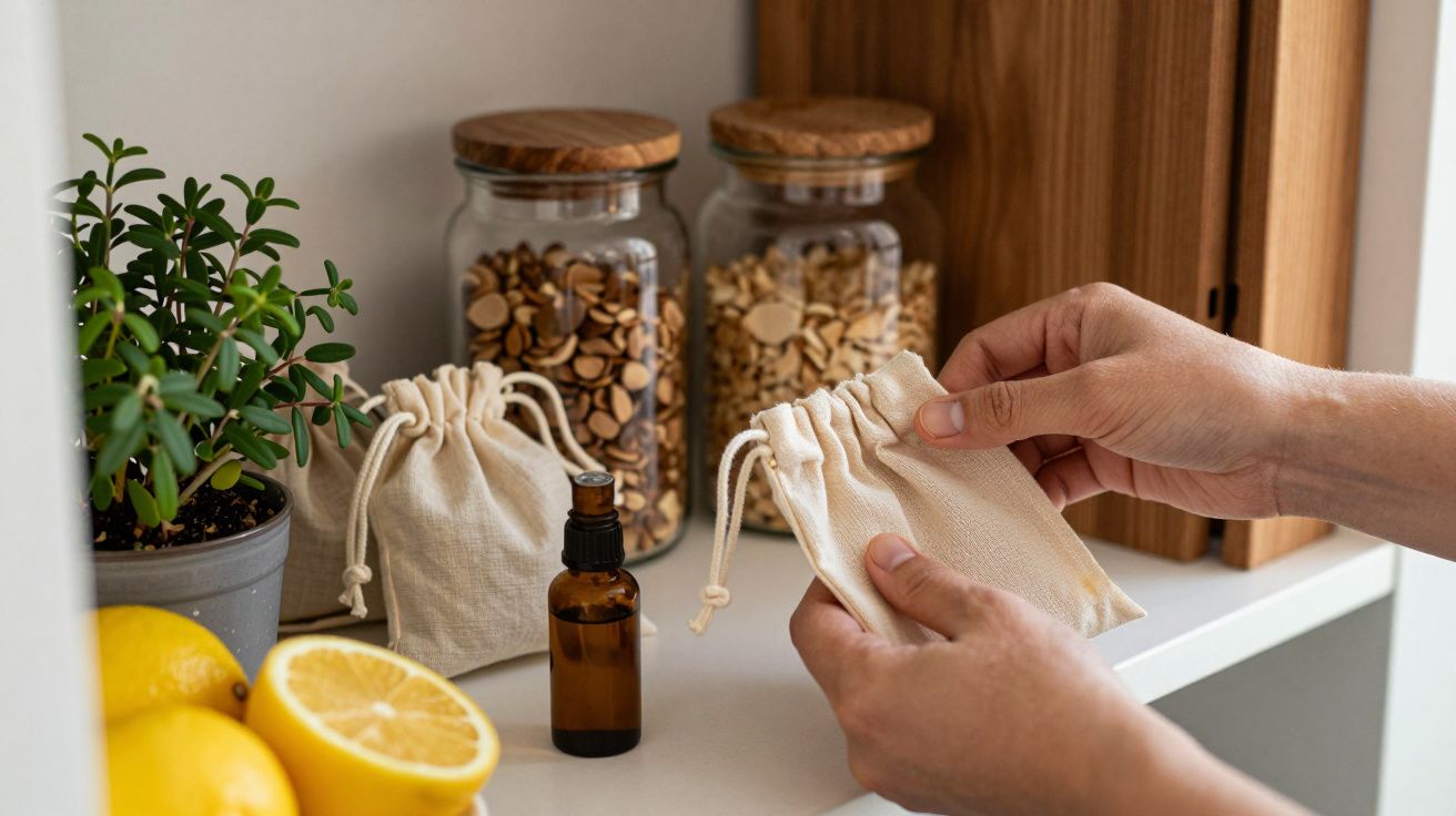 Mãos seguram saco de pano em prateleira com frascos de vidro, planta e limões.