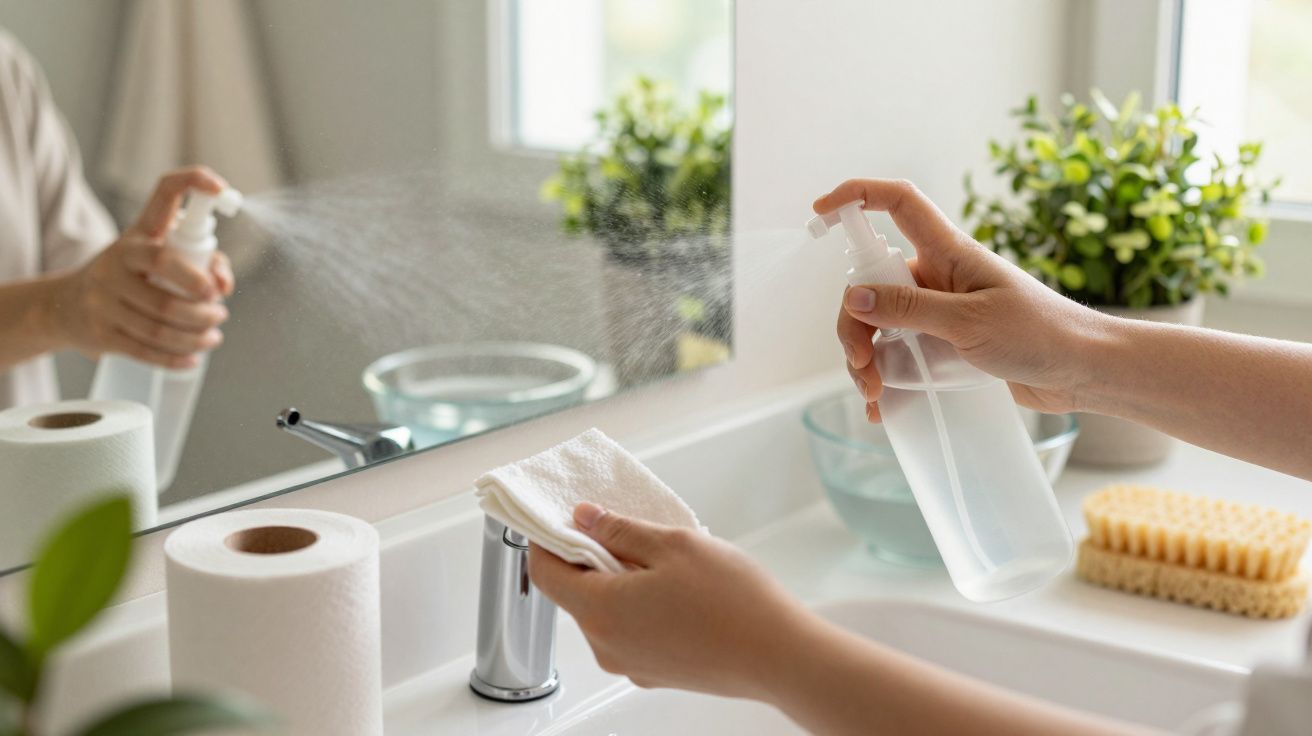 Mãos a limpar espelho da casa de banho com spray e pano, junto a lavatório e plantas.