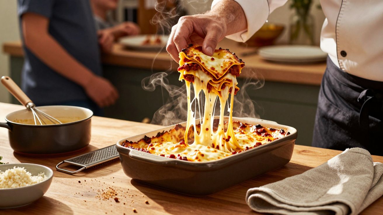 Pessoa serve lasanha quente com queijo derretido, em cozinha iluminada.