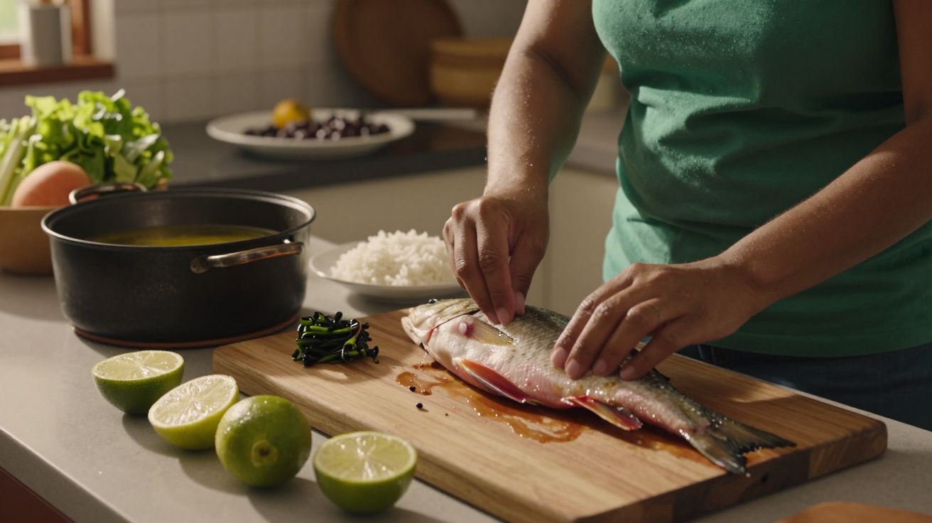 Pessoa prepara peixe numa tábua com limões cortados e arroz na bancada da cozinha.