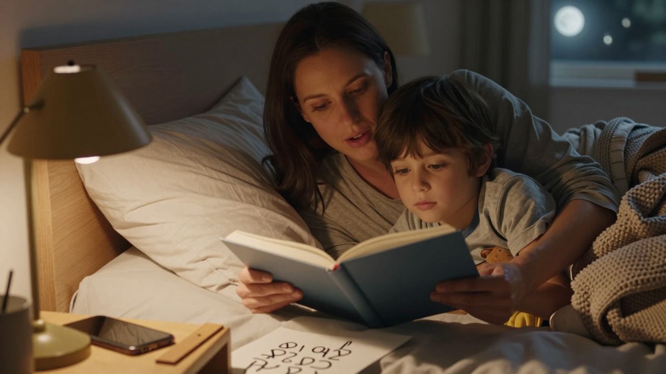 Mãe e filho deitados na cama, a ler um livro juntos sob uma luz de candeeiro.