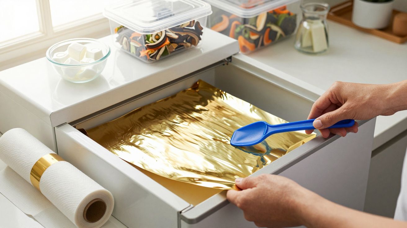 Mãos retiram folha de ouro de gaveta com colher azul. Ao fundo, caixas de plástico com alimentos e rolo de papel.