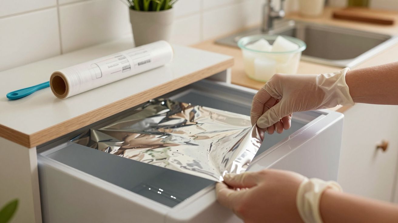 Mãos com luvas colocam folha de alumínio numa gaveta de cozinha ao lado de rolo de papel e utensílios.
