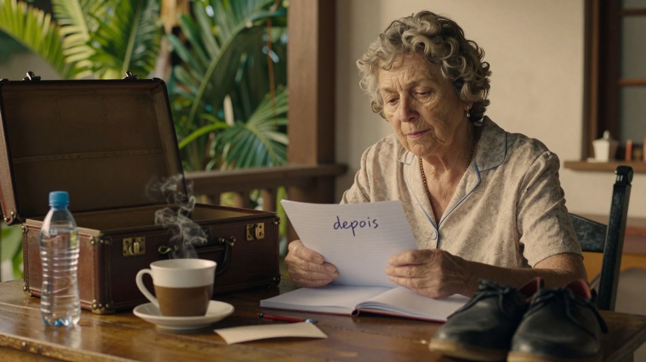 Idosa lê papel com a palavra "depois" numa varanda, ao lado de mala, chávena de café e garrafa de água.