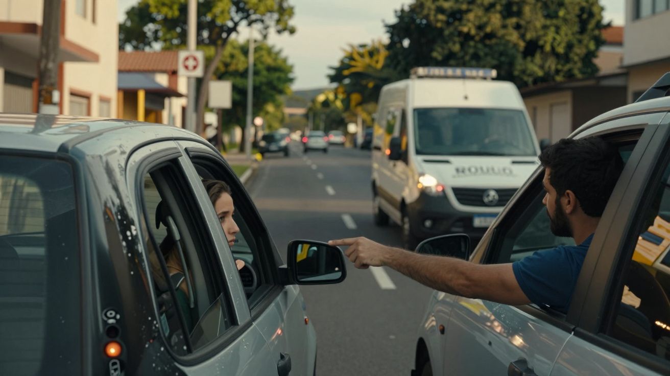 Dois condutores em carros opostos discutem gesticulando numa rua urbana com trânsito e uma carrinha branca ao fundo.