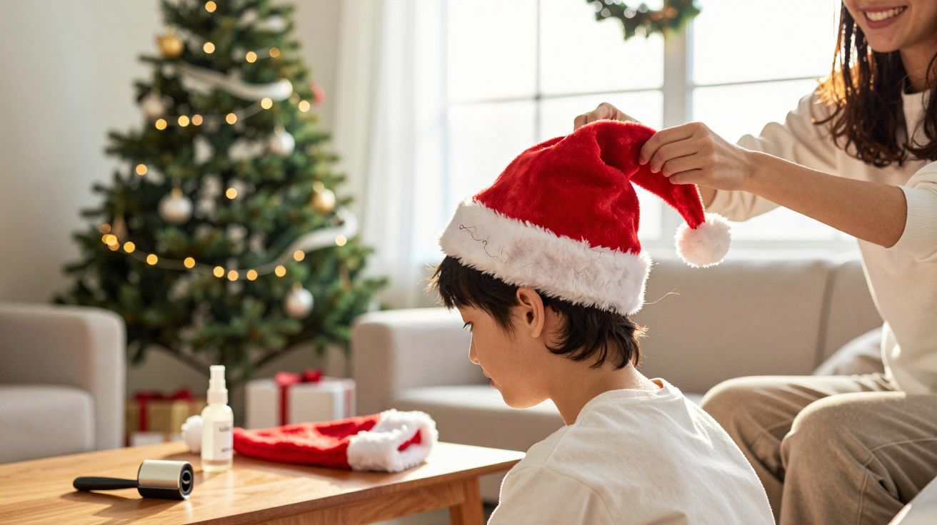 Pessoa ajuda criança a colocar gorro de Pai Natal, com árvore de Natal decorada ao fundo.