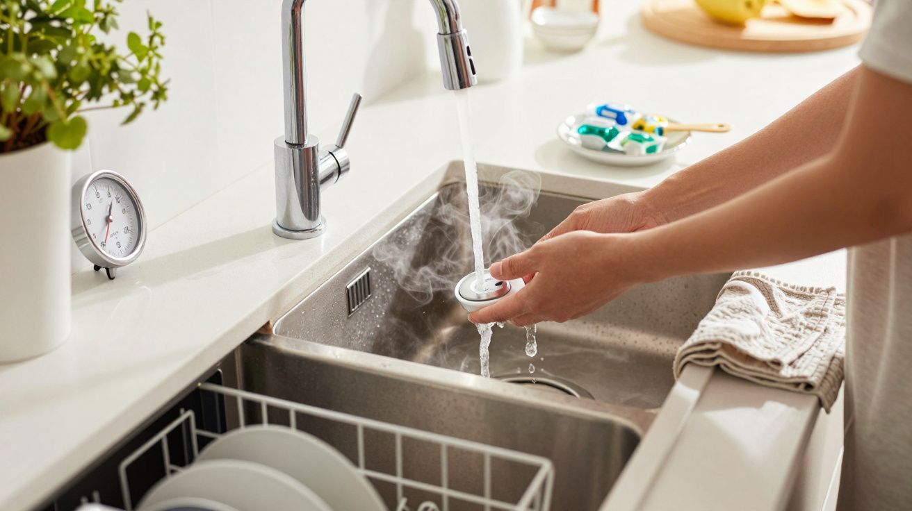 Mãos lavando tampa sob torneira com água quente em cozinha, com lava-louças e toalha ao lado.