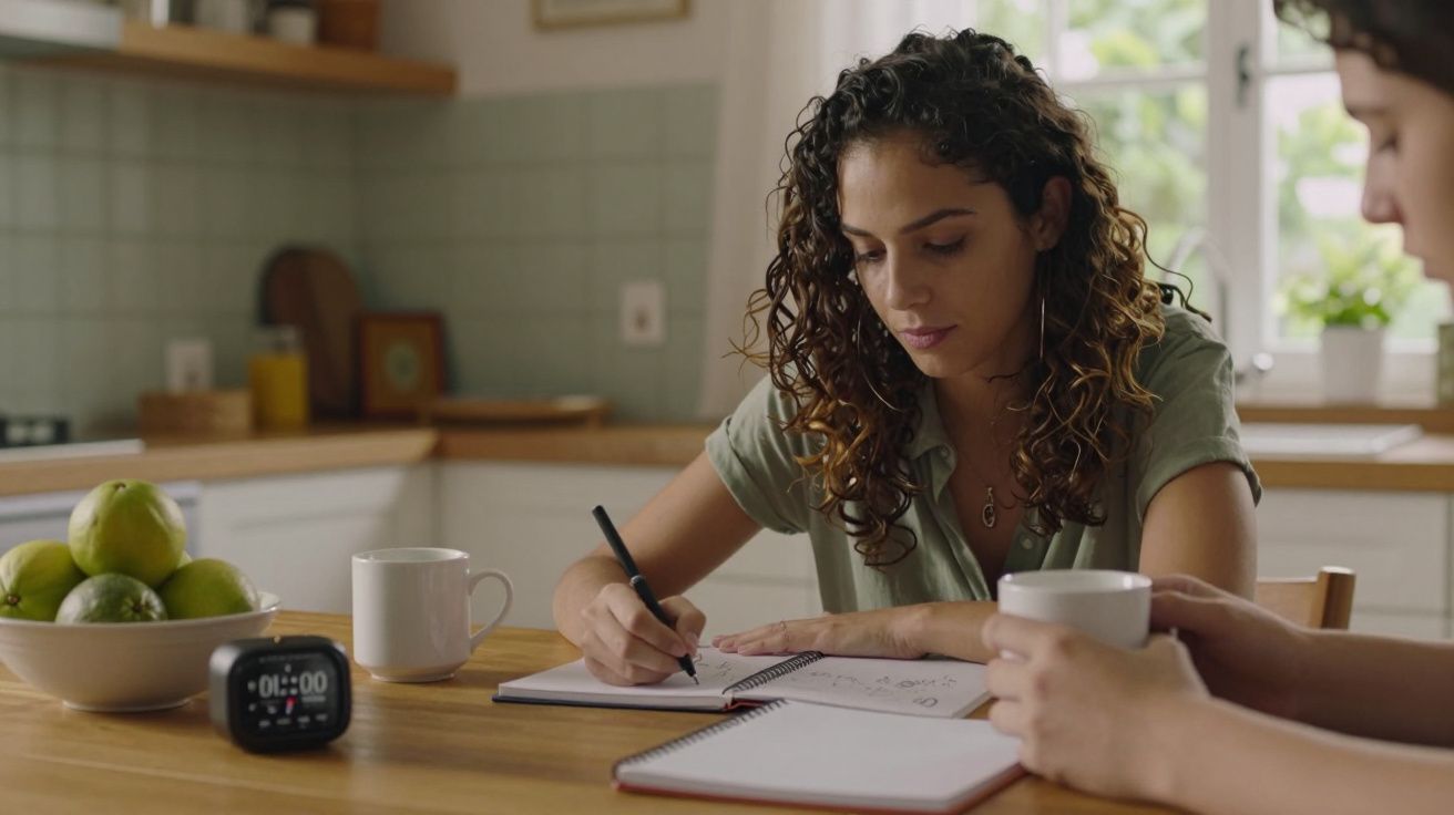 Mulher sentada na cozinha, escrevendo num caderno com uma caneca ao lado. Outra pessoa está a seu lado segurando uma caneca.