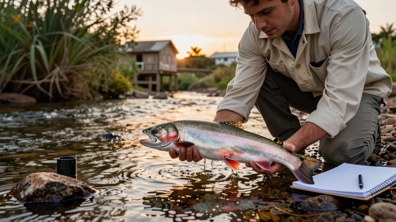 Homem segura truta num riacho ao entardecer, caderno ao lado.