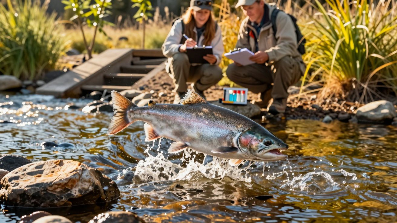 Truta a saltar num riacho, com duas pessoas ao fundo a tirar apontamentos sobre o ambiente natural.