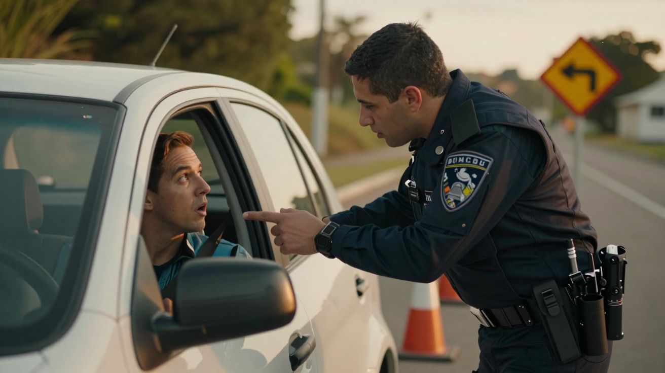 Polícia fala com condutor num carro branco parado na estrada, sinal de curva visível ao fundo.