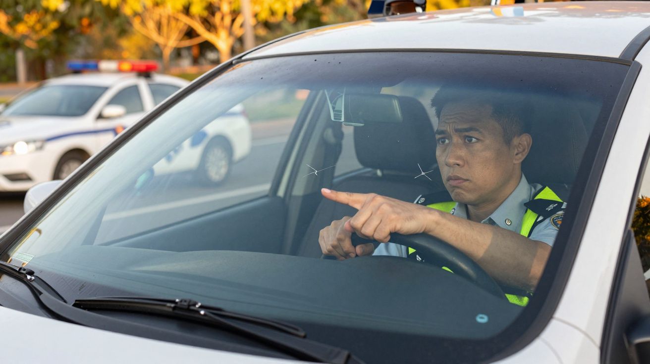 Polícia fardado sentado num carro, a apontar para a frente através do pára-brisas, com uma viatura policial atrás.