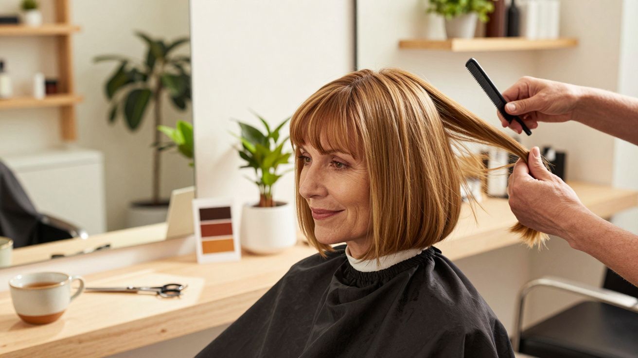 Mulher sorridente a receber corte de cabelo num salão, com plantas ao fundo e uma chávena na mesa.