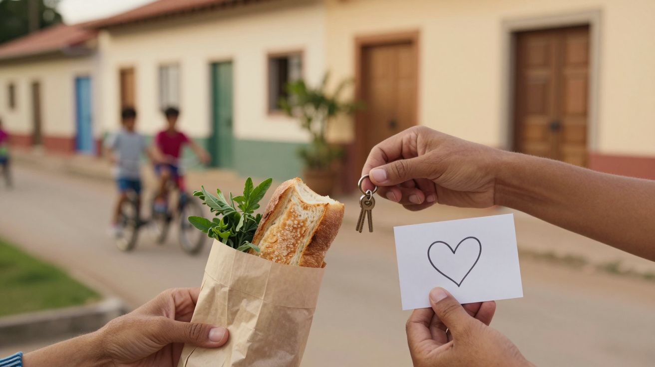 Mão entrega chaves e cartão com coração; outra segura baguete com ervas, rua ao fundo com crianças em bicicletas.