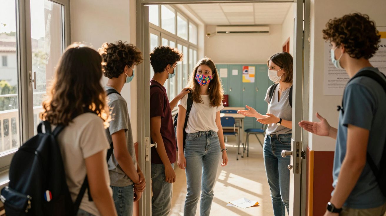 Alunos com máscaras conversam à porta de uma sala de aula iluminada, recebendo orientações de um adulto.