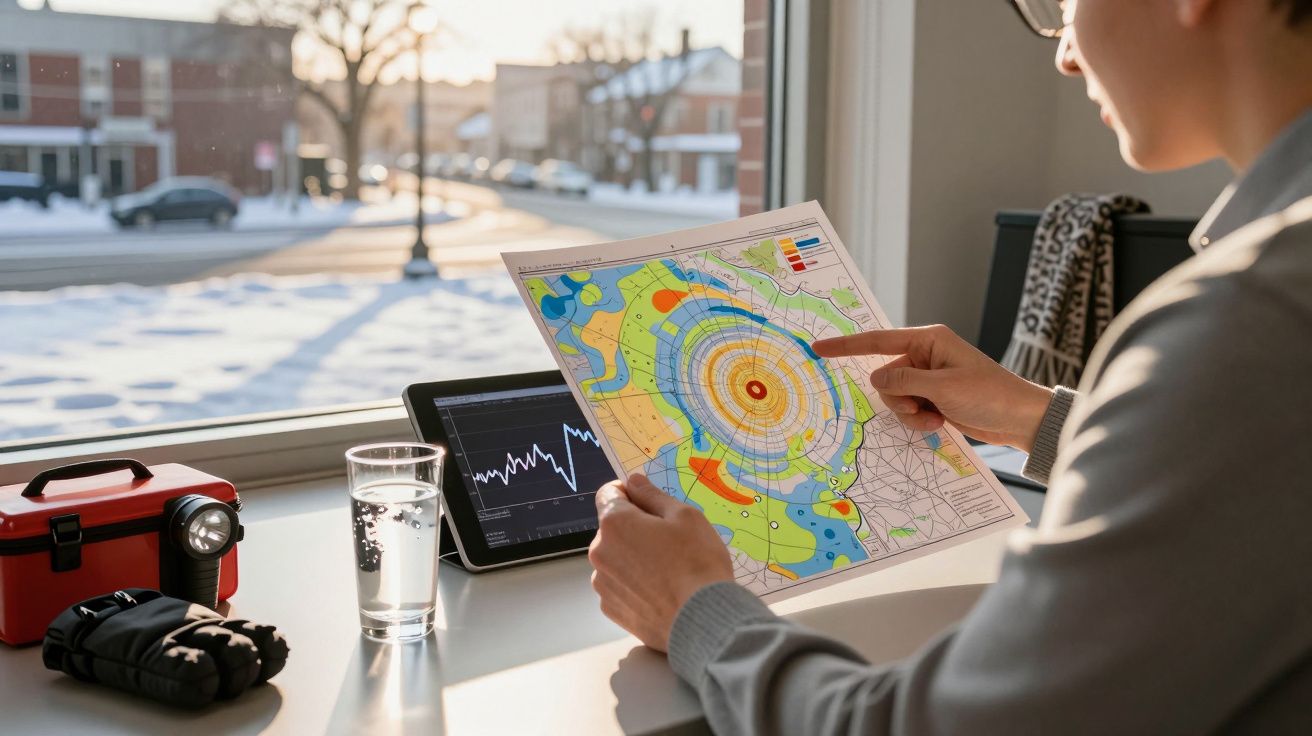 Pessoa analisa mapa sísmico, com tablet e kit de emergência na mesa, à luz do dia, numa sala com janela grande.