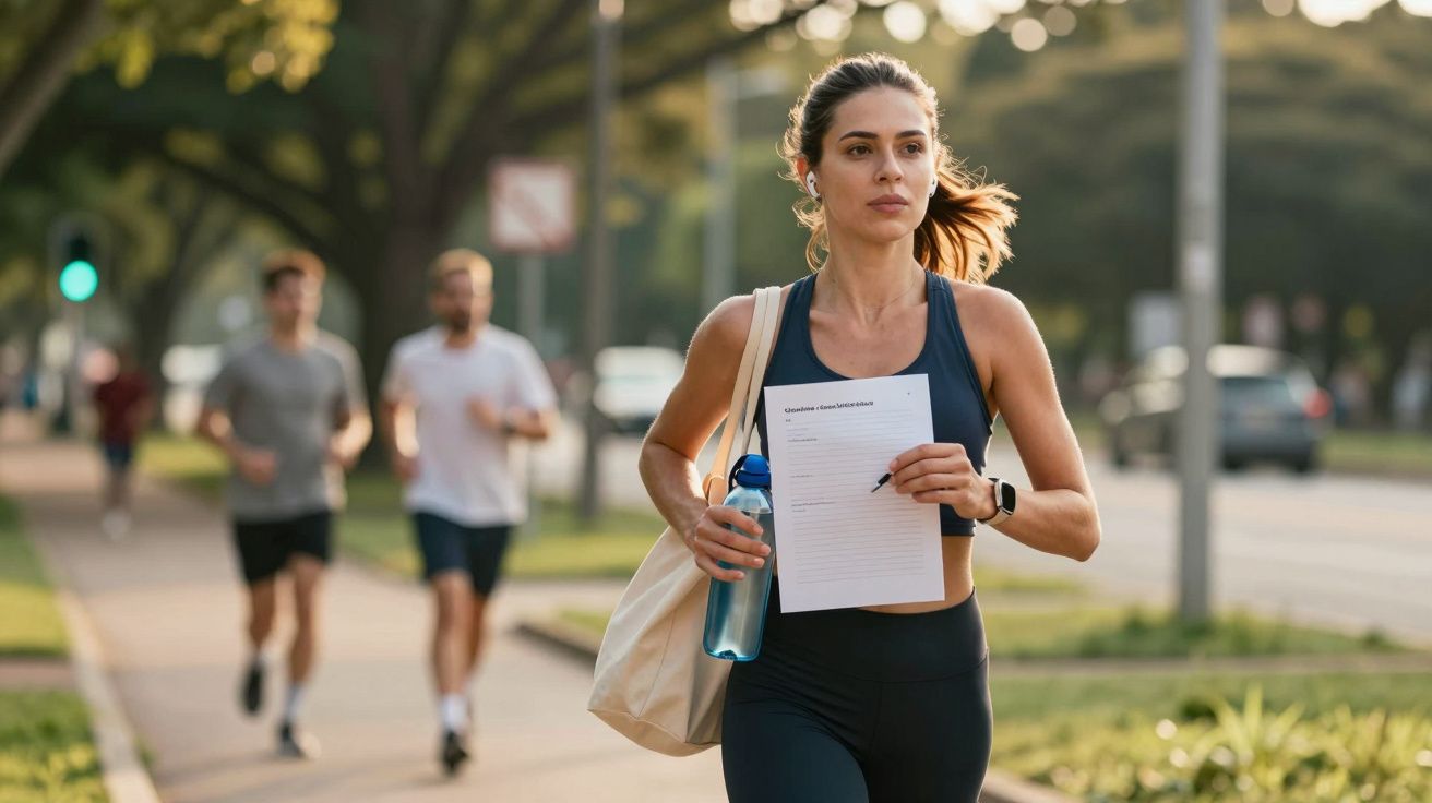 Mulher a correr num parque, segurando uma garrafa de água e papéis, com outros corredores ao fundo.