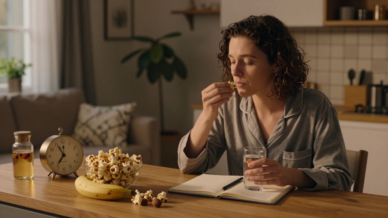 Mulher de pijama come pipocas à mesa, com um copo de água e um bloco de notas, num ambiente de cozinha acolhedor.
