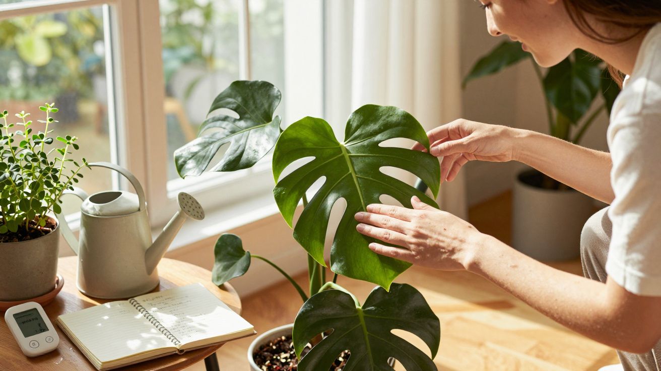 Mulher cuida de uma planta Monstera numa sala iluminada, com regador e caderno sobre a mesa.