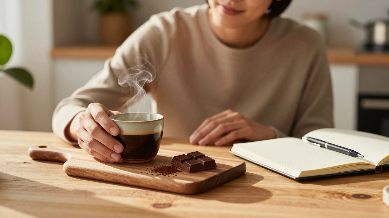 Mulher segura chávena de café, com chocolate em tábua de madeira e caderno aberto sobre a mesa.
