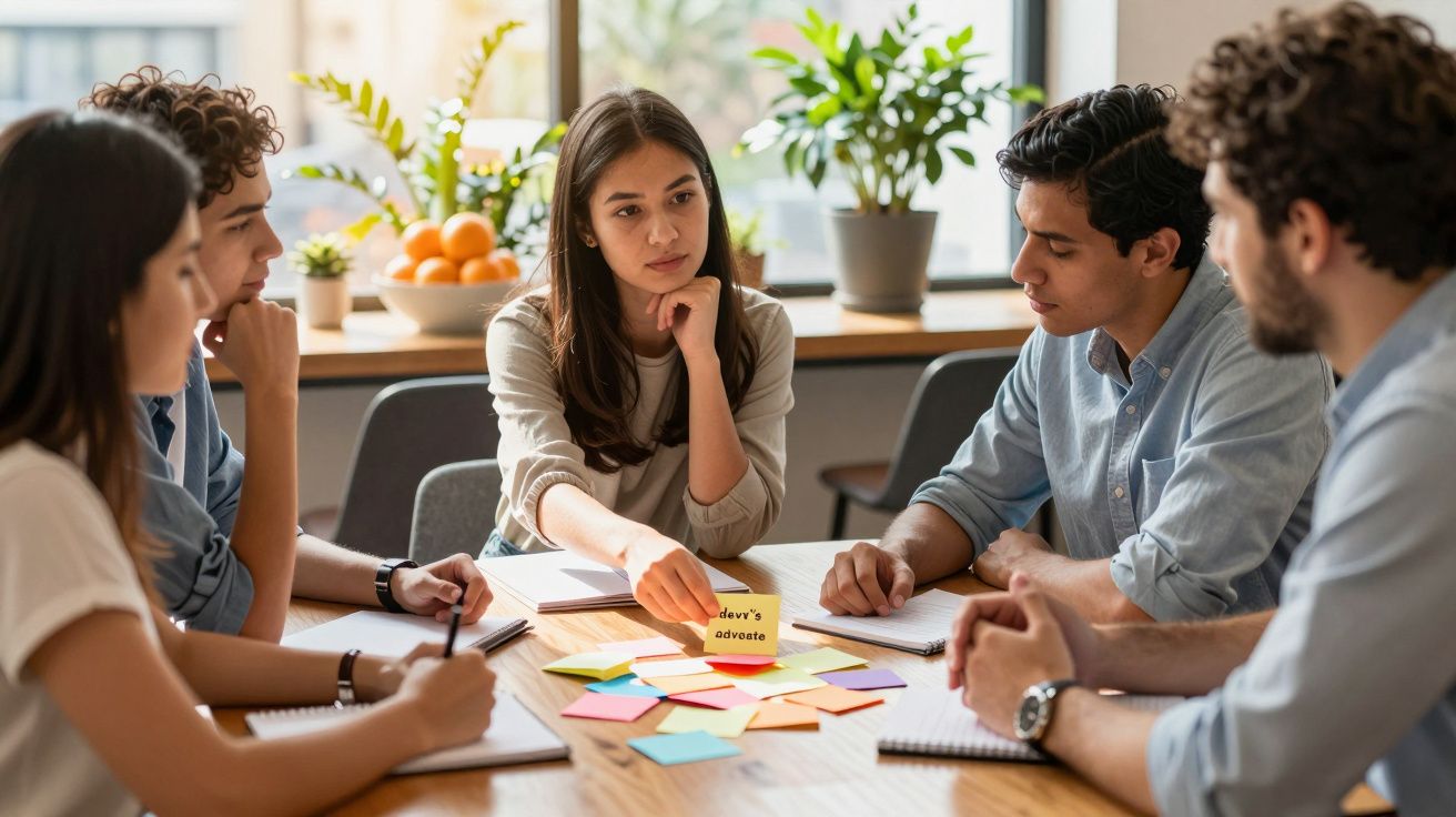 Grupo de jovens em reunião, discutindo ideias com post-its coloridos, numa sala com plantas e luz natural.