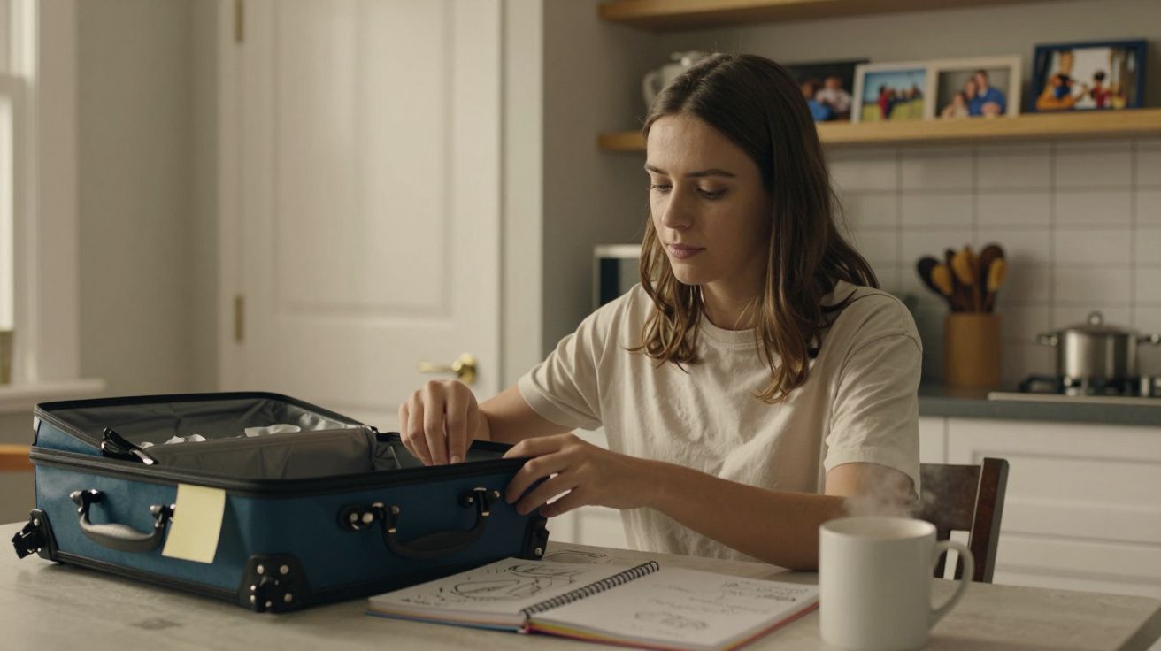 Mulher a arrumar mala numa cozinha, com chávena de café e caderno abertos na mesa.