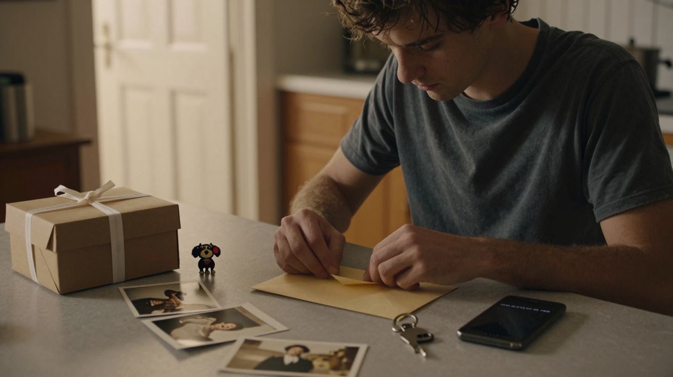 Homem a fechar envelope na mesa com fotos, presente enrolado, chave e telemóvel.