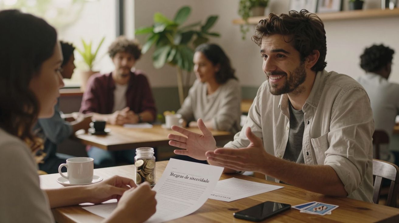 Homem e mulher conversam animadamente num café, segurando documentos. Outros clientes ao fundo.